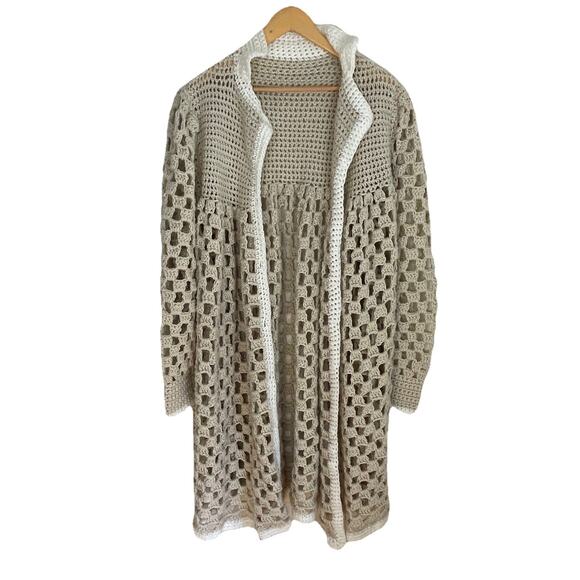 VTG HandKnit Crochet Long Shacket Cardigan Cottage Coachella Boho
